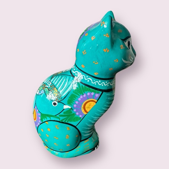 Vintage Hand Painted Ceramic Mexican Folk Art Talavera Cat Figurine With Flowers - Picture 9 of 14